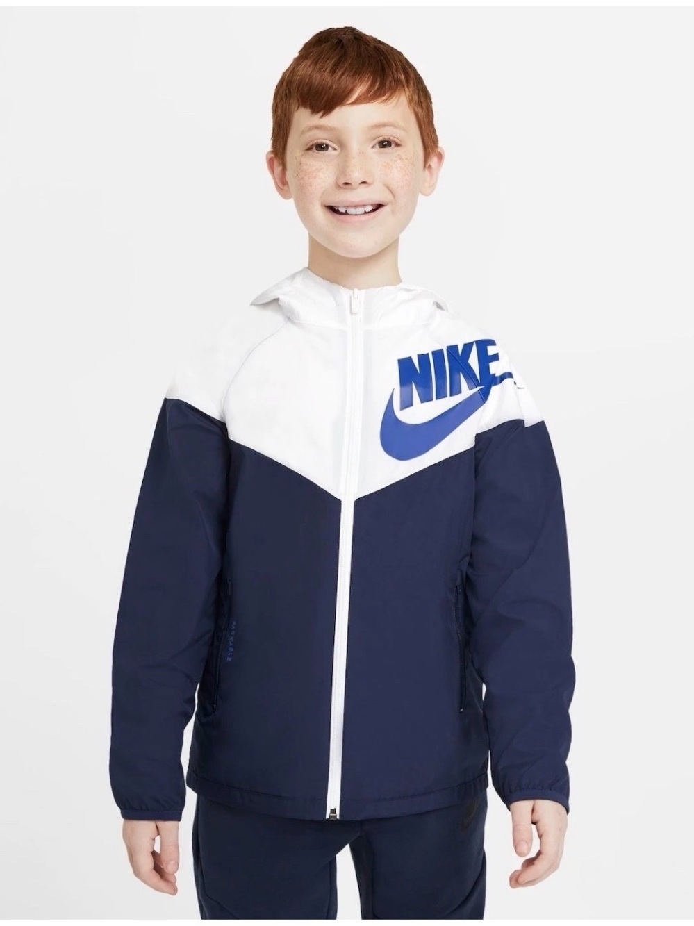 Nike Boys XS Hooded Packable Full Zip Windbreaker Jacket White/Blue